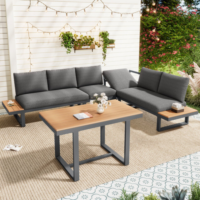 6-Person L-Shaped Garden Sofa Set with Adjustable Recline