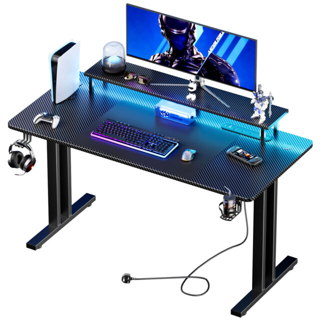 Gaming Desk with LED Lights & Power Outlet, Black Carbon Fibre Computer Desk with Monitor Stand, Cup Holder, Headphone Hook & Mouse Pad