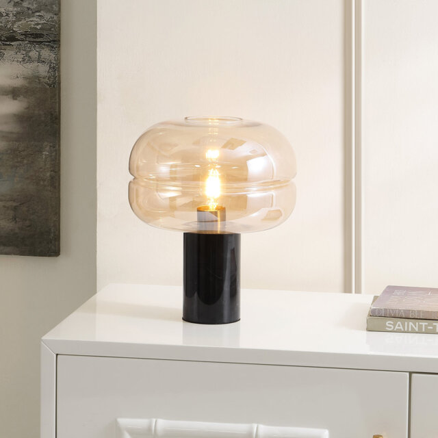 Runa Black Marble Table Lamp with Amber Glass Shade