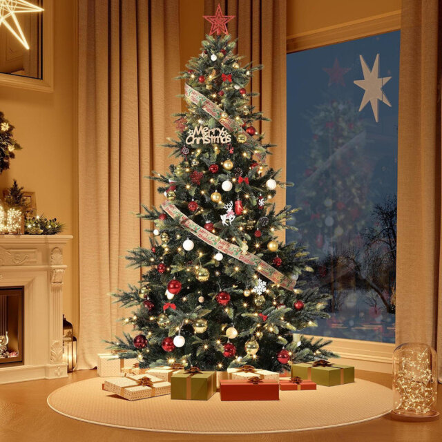 4.5/6.5/7.5 FT Pre-Lit Snow Flocked Christmas Tree, Hinged Artificial Xmas Tree with Warm-White LED Lights, Mixed Branch Tips, Foldable Metal Stand, X