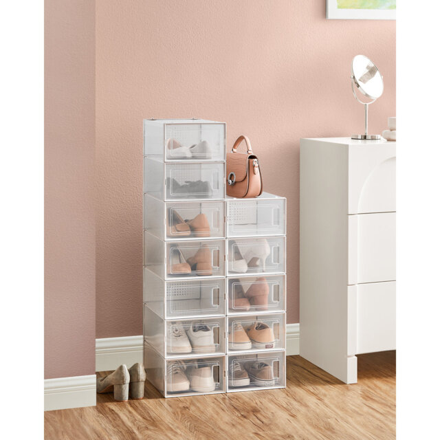 Shoe Boxes, Pack Of 15 Stackable Shoe Storage Organisers, Foldable And Versatile For Sneakers, Fit Up To UK Size 9, Transparent And White