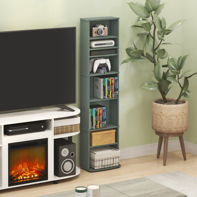 Furinno JAYA DVD Shelf, CD Rack, 8-Tier Media Shelf with Adjustable Shelves, Tall Narrow DVD Storage Cabinets for CD Blueray for Living Room, Home Off