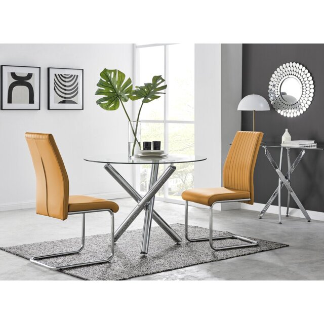 Seline Modern Round Dining Table Set in Glass and Chrome with 2 Upholstered Faux Leather Chairs