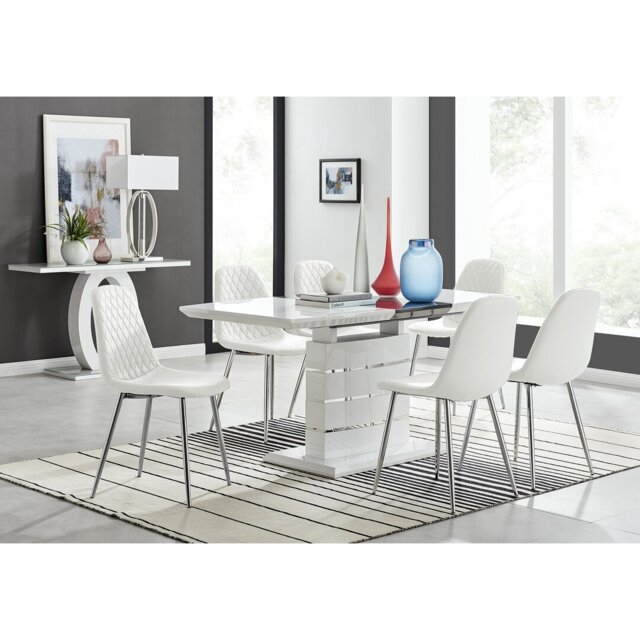 Renne Modern High Gloss Extendable Dining Table Set With 6 Luxury Faux Leather Dining Chairs