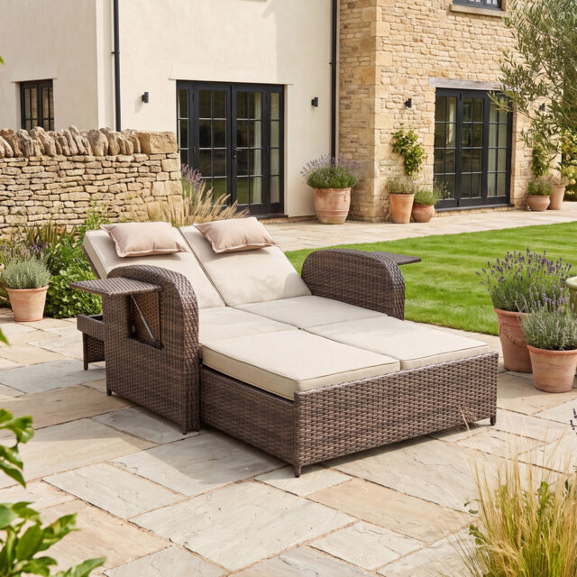 Whitmore Rattan Reclining Outdoor Sofa Bed with Side Shelves