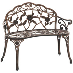 2 Seater Bronze Metal Garden Bench, Outdoor Patio Loveseat with Floral Backrest and Armrests, Rust-Resistant Cast Aluminium Supporting up to 240 kg
