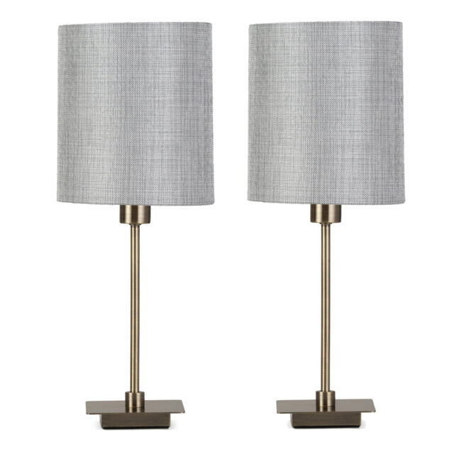 Pair (2x) Square Stick Antique Brass Metal Bedside Table Lamp