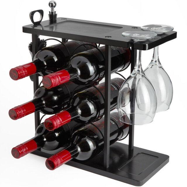 Premium Black Wooden Wine Rack for 6 Bottles & Glasses Holder