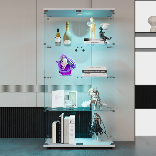 "Floor Standing Curio Glass Display Cabinet 4 Shelves With LED Lights And 2 Doors, Glass Display Case, White(64.6""*31.7""*14.3"")"