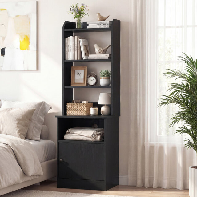 6-Tier Bedside Tables Home Organizer Multifunctional Storage Cabinet Tall Night Stands W/ 5 Open Shelf & Cabinet