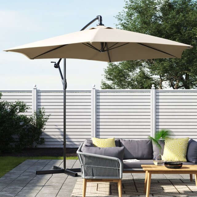Oyster 3m Standard Cantilever Over Hanging Powder Coated Parasol with Cross Stand This parasol is made using Polyester Fabric which has a Weather-Proo