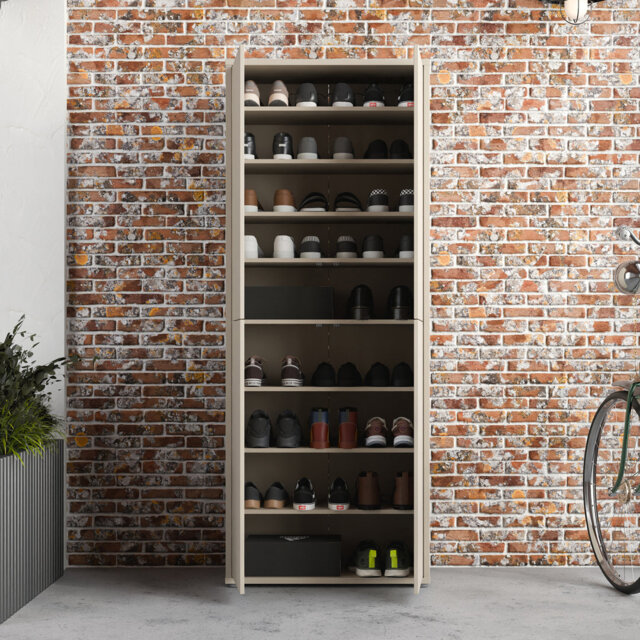 Modern minimalistic shoe cabinet with 4 doors, entryway cabinet, engineered wood, beige, 74.5 cm W x 191.9 cm H x 34.9 cm D