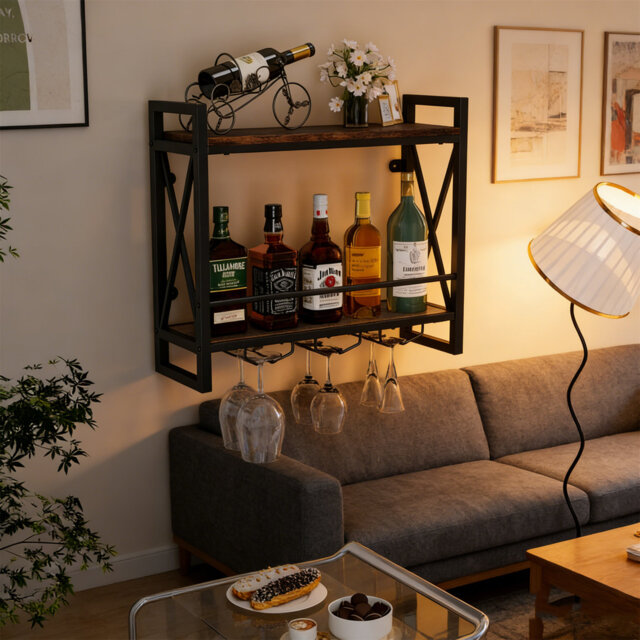 Wall Mounted Wine Rack With 2-Tier Shelves And 3 Glass Holders