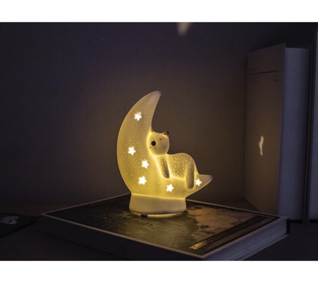 Cat on the Moon XS Porcelain Table Lamp - Mini Ceramic Night Light for Compact Spaces
