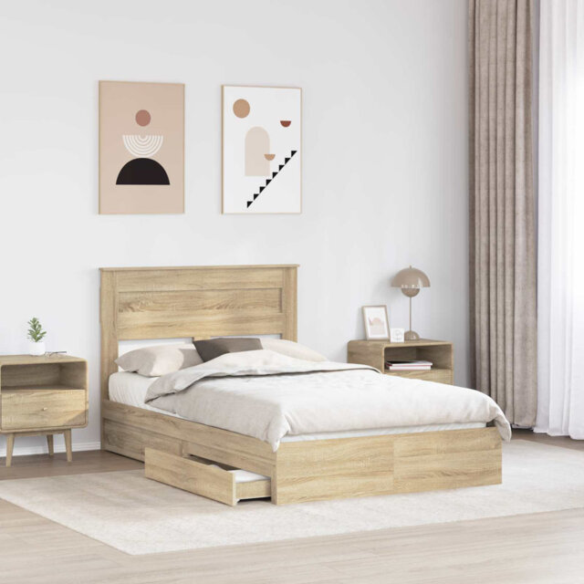 Storage Bed With Drawer Smoked Oak 160 X 200 Cm Engineered Wood