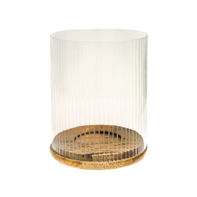 "Ivyline Amelia Ribbed Glass Wooden Candle Holder 19.5"" Glass Tabletop Pillar"