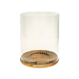 Ivyline Amelia Ribbed Glass Wooden Candle Holder Glass Tabletop Pillar