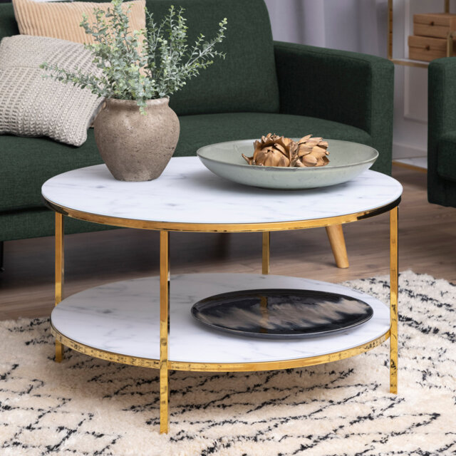 Alisma Round Coffee Table with White Crystal Clear Marble Glass Top & Legs