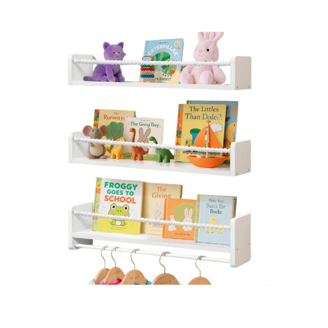White Floating Shelves Nursery Book Shelf for Wall, Solid Wood 60cm Long with Wooden Bead Design Set of 3