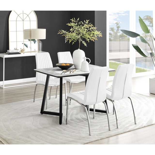 Industrial Design White & Grey Marble Effect Melamine Dining Table Set with 4 Faux Leather Chairs