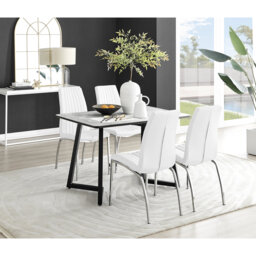 Industrial Design White & Grey Marble Effect Melamine Dining Table Set with 4 Faux Leather Chairs