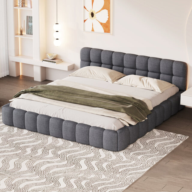 Luxury Low Profile Linen Bed Frame with Fully Upholstered Design â Recessed Mattress Platform Bed