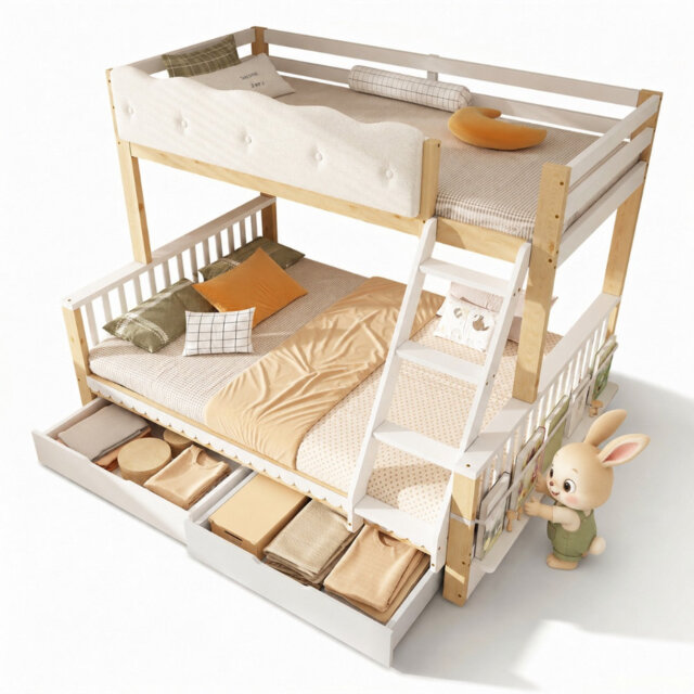 (90 + 135) × 190 cm Double Kids Bunk Bed with Drawers & Side Bookshelf