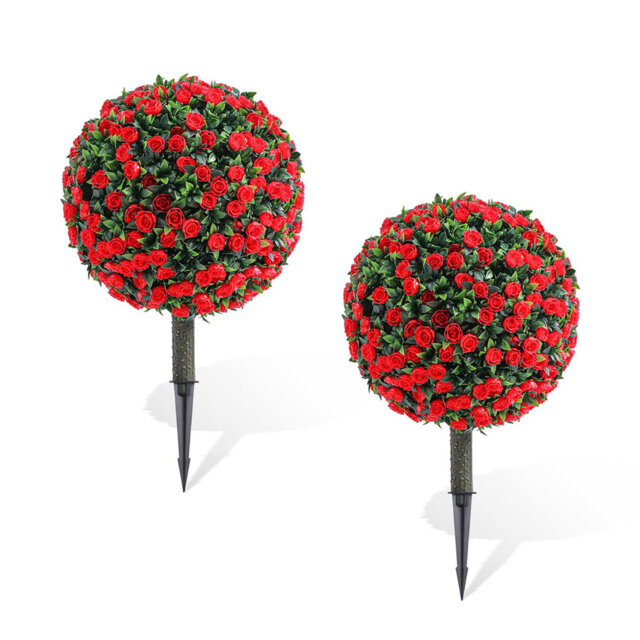 21Inch Artificial Topiary Stakes in the Shape of Red Roses, PE Flowers and Leaves on Plastic Stems with Metal Stakes, Artificial Red Roses Tree for H