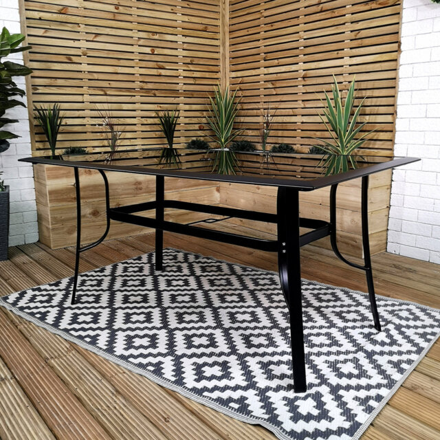 Farhan 6 Person Rectangular Black Garden Patio Table with Glass Top & Parasol Hole