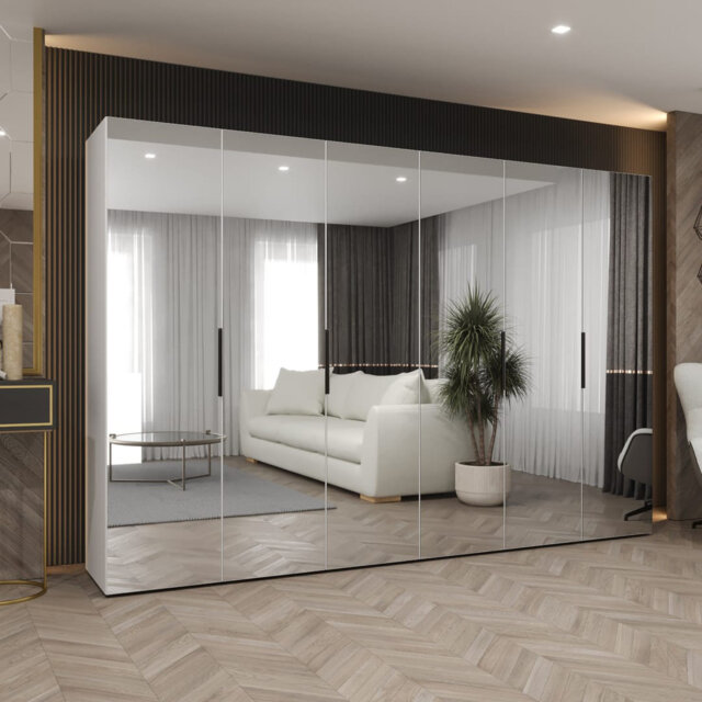 White Cejay III Hinged Door Wardrobe 300cm - Bright, Expansive Storage with Mirrored Doors