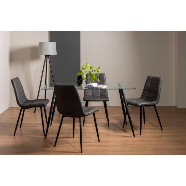 6 Seater Rectangular Clear Glass Dining Table-&-4-Upholstered Tapered Back Chair With Square Stitched Pattern & Sand Black Finish Petrol Blue Velvet F