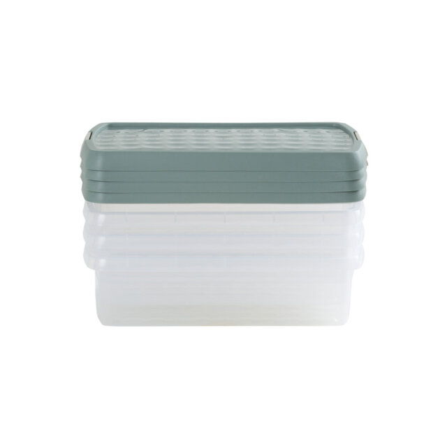 Wham Clip 4x 7L Rectangular Plastic Storage Boxes with Secure Clip Lock Lids. L:39 x W:24 x H:10.5cm Clear/Green Milieu/Stone