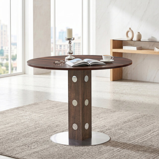 Modern Round Dining Table With Square Wooden Pedestal And Mirror Accents, Walnut Wood Grain & Metal Base, Ideal For Kitchens, Dining Rooms, & Small S