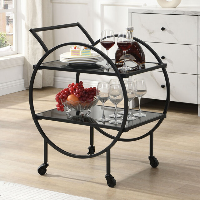Serving trolley, metal, black, glass, trolley, 2 shelves, bar trolley, castors