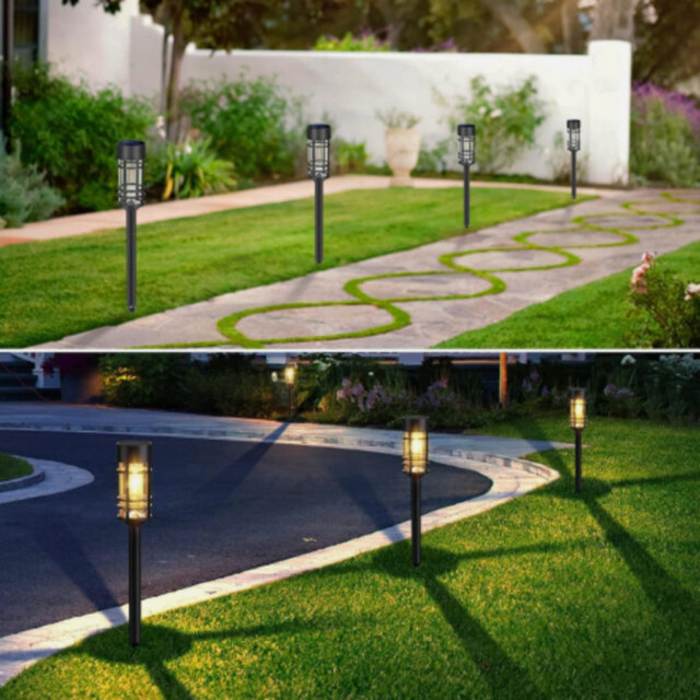 4pcs Solar Powered Led Torch Lights, Waterproof Outdoor Stakes For Garden Pathways & Patios