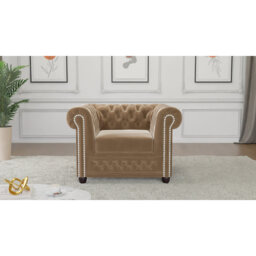 Chesterfield Armchair Hanna Made of Velvet Fabric with Solid Wood Legs