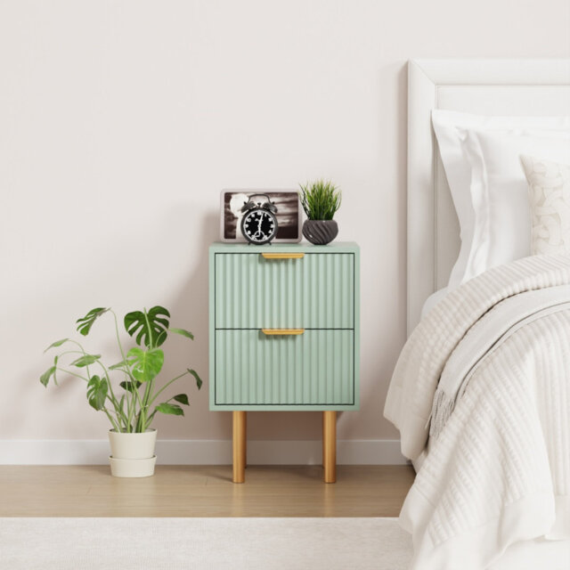 2 Drawer Nightstand,Modern Fluted Bedside Table With Gold Metal Handles & Legs,Green End Table For Bedroom, Living Room