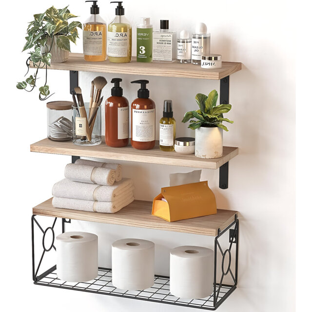 Paulownia Wood Floating Shelves With Wire Storage Basket, 3-Tier Wall Shelves For Bathroom & Kitchen