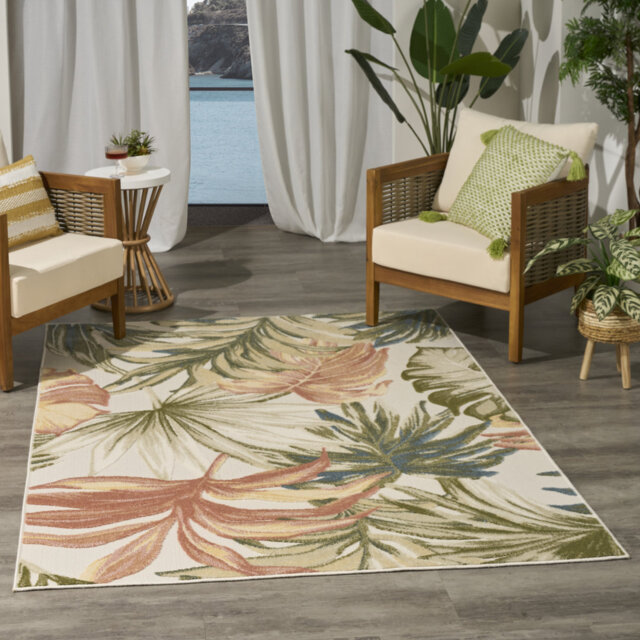 Floral Indoor/Outdoor Ivory Green  Area Rug
