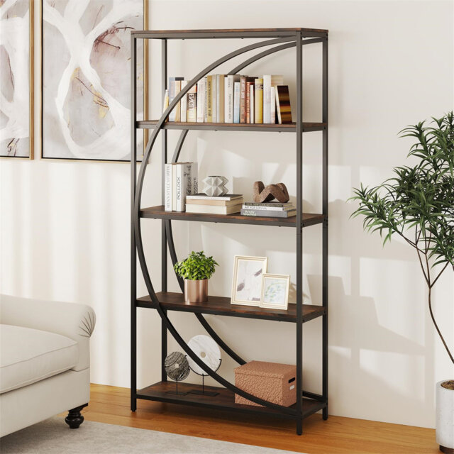 Bookshelf, Industrial Etagere Bookcase With Arc-Shaped Design And Open Shelves, Freestanding Metal Frame Tall Display Shelf Storage Organizer