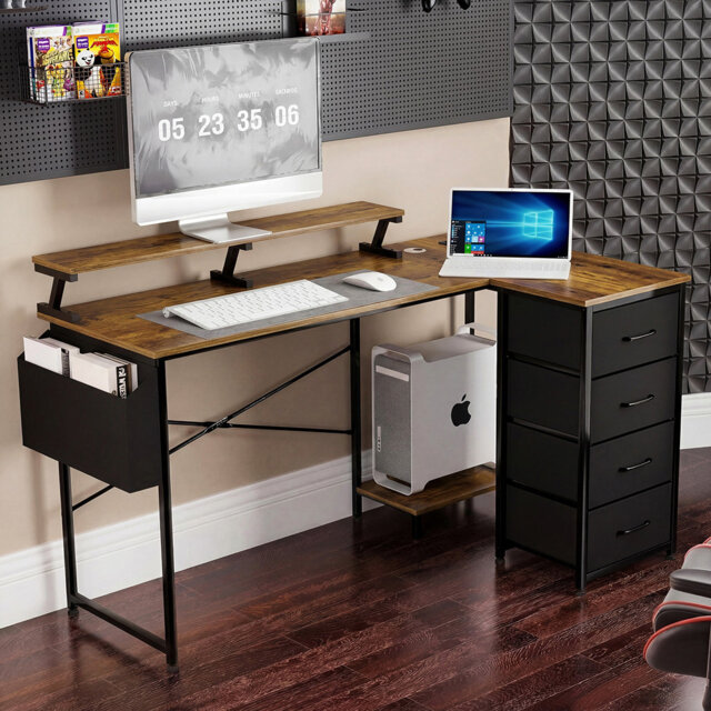 Levede Gaming Desk L Shaped with USB Charging Port Power Outlet Walnut Color