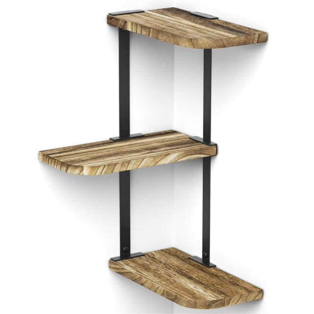 Corner Shelf, 3 Tiers Rustic Wood Floating Shelves For Bedroom, Living Room, Bathroom, Kitchen And Office Etc, Carbonized Black