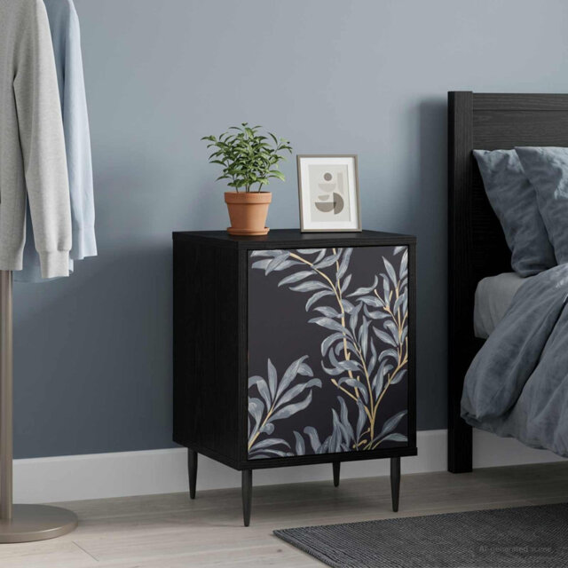 Bedside Cabinet Black Oak Engineered Wood Nightstand Bedroom Furniture