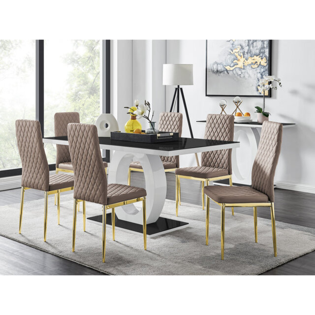 Carennac Modern High Gloss & Glass Dining Table with 6 Luxury Faux Leather Chairs