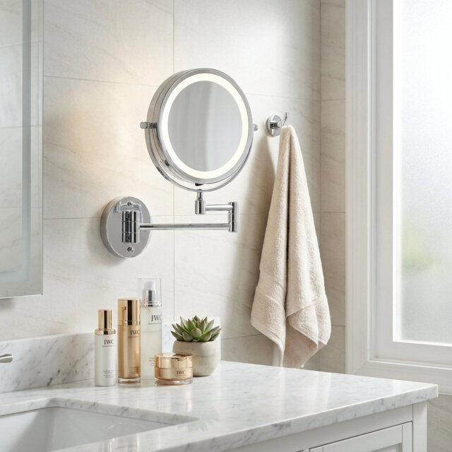 Croyde Chrome Small Round Wall Mounted Magnifying Mirror with Lights