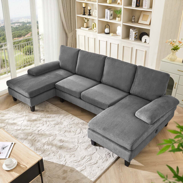 U-Shaped Sectional Sofa Couch with Charging Station, Corduroy 4-Seater Couches for Living Room, Corner Sofa with Chaise Lounges & Cushions Beige