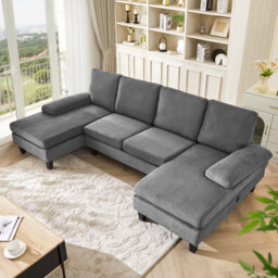 U-Shaped Sectional Sofa Couch with Charging Station, Corduroy 4-Seater Couches for Living Room, Corner Sofa with Chaise Lounges & Cushions Beige