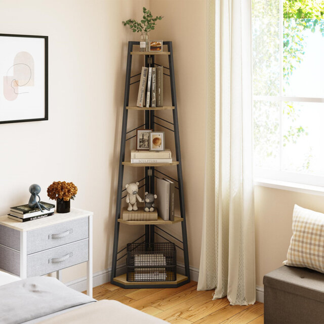 Industrial Corner Bookshelf Modern Floorstanding Corner Bookcase Ladder Shelf Wooden Open Display Shelving Unit For Living Room, Hallway