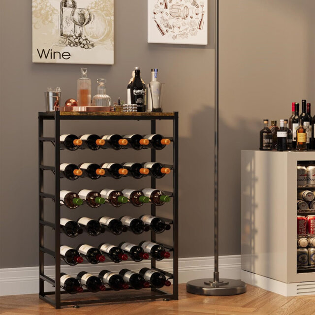 30 Bottles Wine Rack Free Standing Floor For Kitchen Bar Dining Room, Black And Brown