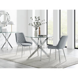 Tierra Modern Chrome Metal & Glass Round Dining Table Set with 2 Luxury Faux Leather Chairs